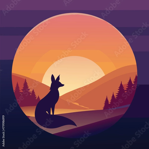 Fototapeta Silhouette of a fox sitting on a hill watching the sunset over a landscape with trees and mountains