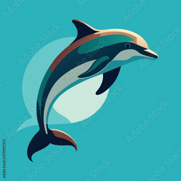 Fototapeta Illustration of a dolphin jumping out of the water with a turquoise background and a white circle