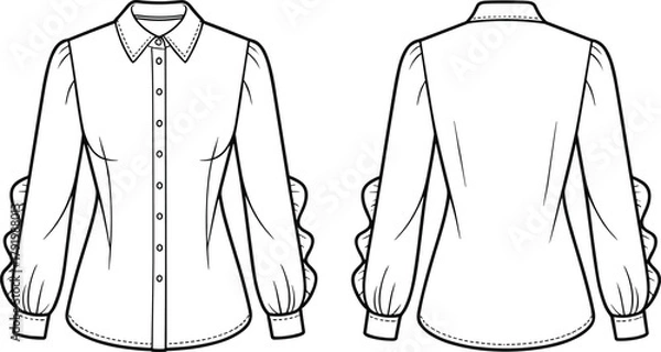 Obraz Women ruffle sleeve shirt fashion flat vector, long sleeve blouse CAD drawing with collar and button front technical sketch
