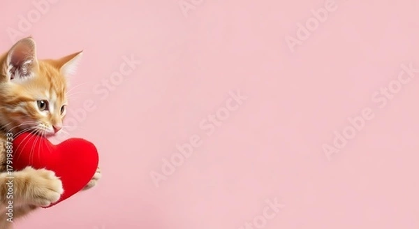 Fototapeta Adorable orange tabby kitten holding a bright red heart against a soft pink background