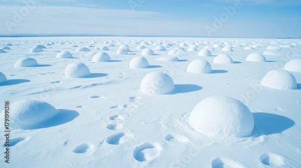 Fototapeta Mysterious Snowball Formations on a Frozen Winter Landscape with Footprints Under a Clear Blue Sky