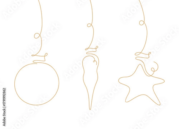 Obraz Hand-drawn single continuous line hanging, Christmas tree toys, vector illustration. Festive New Year's gold elements for design, postcards, posters, banners, decorations
