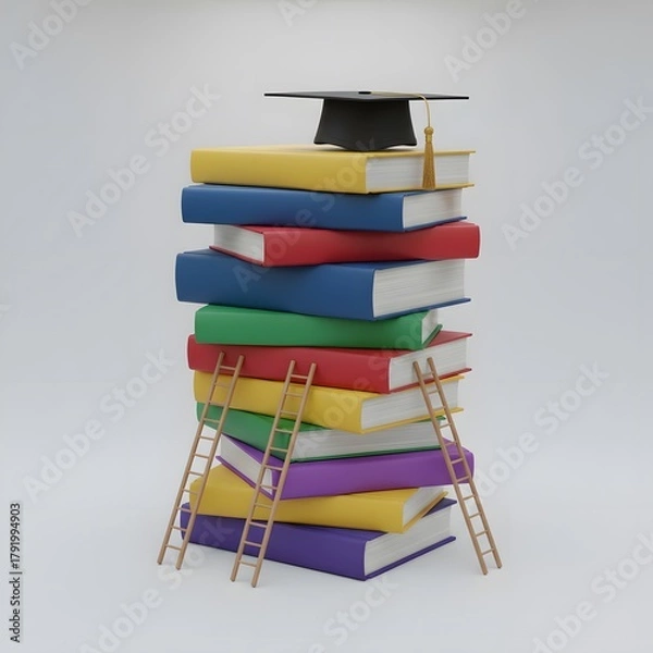 Fototapeta Education Success Concept with Stack of Books, Ladders, and Graduation Cap – Knowledge and Achievement Symbol