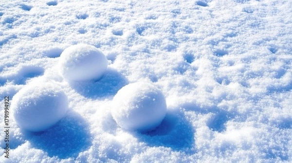 Fototapeta Three snowballs on sparkling white snow, casting shadows under bright winter sun