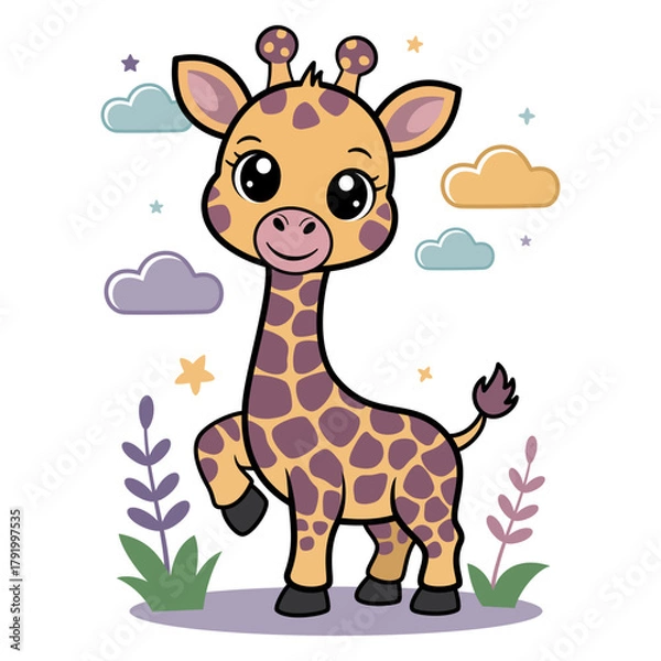 Fototapeta A cute cartoon baby giraffe with big eyes, surrounded by pastel clouds and stars. This adorable is perfect for nursery decor, baby showers, or children design, isolated on a white background.