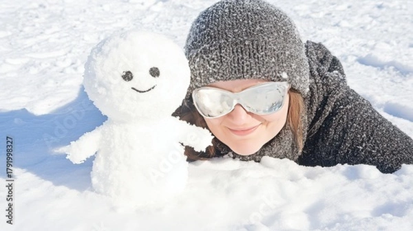 Fototapeta Happy woman in sunglasses and winter hat lying next to a cute little snowman in bright, fresh snow