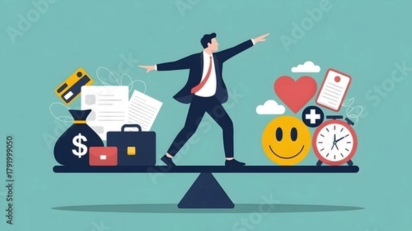 Fototapeta Work Life Balance Concept , Businessman Balancing Between Career and Personal Life in Flat Vector Design