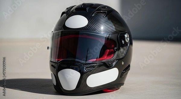 Fototapeta Black Motorcycle Helmet with Red Visor on Concrete Surface.