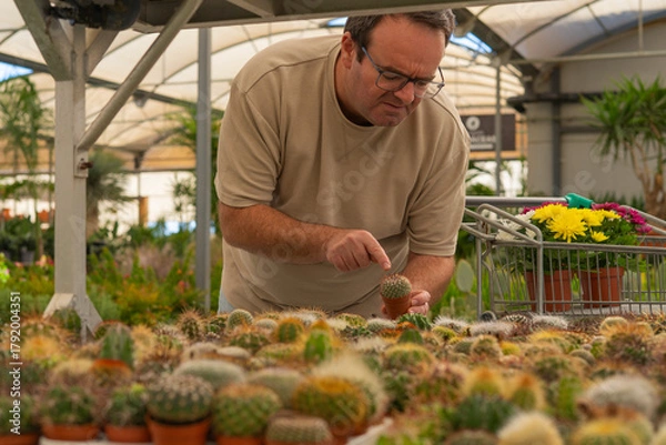 Fototapeta Man shopping for plants in garden center, choosing small cactus for new hobby, enjoying green environment