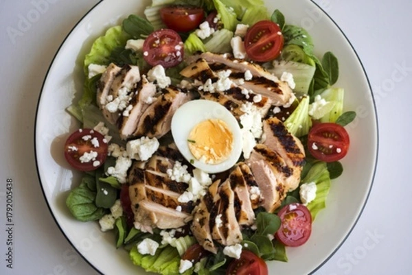 Fototapeta A photo of a warm meat and vegetable salad with cheese on a plate