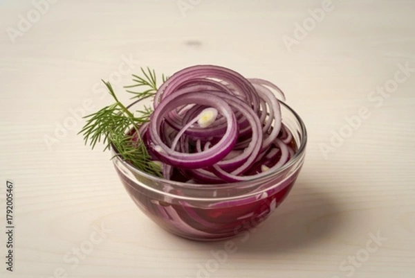 Fototapeta A photograph of a clear glass bowl filled with thinly sliced marinated red onions