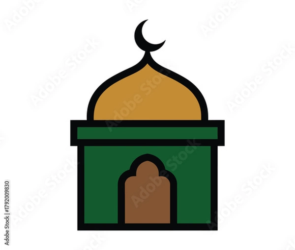 Obraz A simplified illustration of a mosque with a dome and crescent moon symbol atop, representing Islamic architecture and religious devotion.