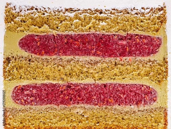 Fototapeta Delicious layered cake with vibrant berry filling in a dessert setting