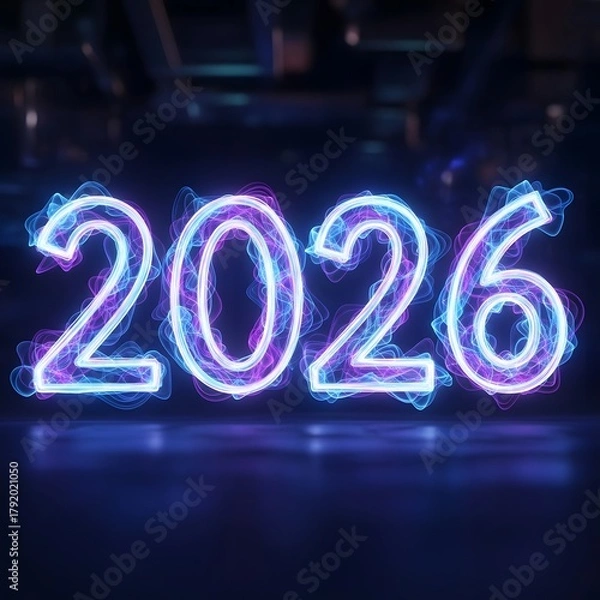 Obraz Glowing neon numbers 2026 in futuristic blue and purple light
