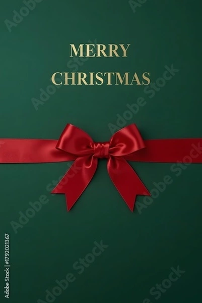 Fototapeta Elegant Merry Christmas Greeting Card Design with Gold Text and Red Ribbon Bow on a Rich Green Background