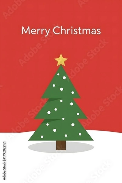 Fototapeta Minimalist Merry Christmas Flat Design Greeting Card with Decorated Tree on Red Background