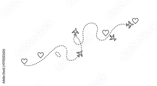 Fototapeta Illustration of a dotted line path with airplanes and hearts.