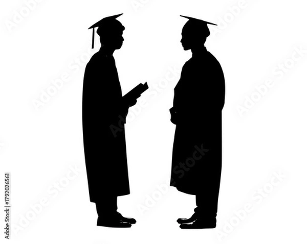 Fototapeta two silhouettes of two graduates in academic gowns, one presenting a book to the otherblack, cap, diploma, gown, graduate, graduation, man, profile, robe, stand, student, talk 