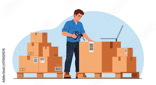 Fototapeta Efficient warehouse worker applying barcode labels to shipping boxes for fast, accurate inventory tracking and streamlined order fulfillment today