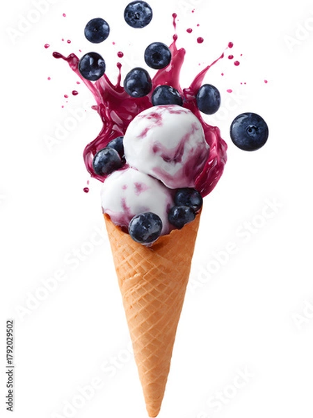 Fototapeta Ice cream cone with blueberries and cream isolated on transparent background, perfect for dessert and fruit visuals..