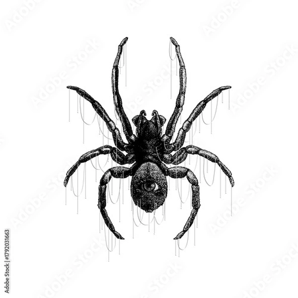 Obraz spider with a single large eye on its cephalothorax. The detailed stippling, hanging silk threads, and eerie anatomical fusion create a haunting mix of fantasy and horror.