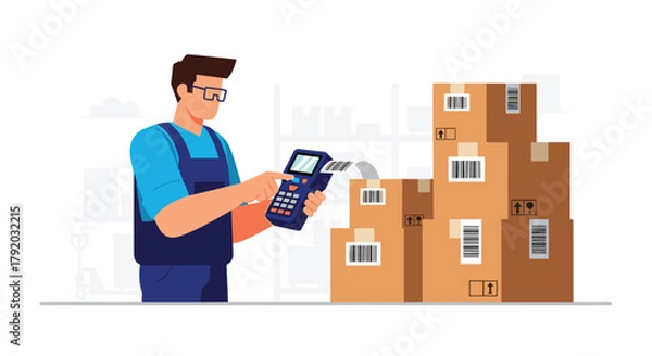 Fototapeta Efficient worker scanning boxes for delivery with handheld device in warehouse, ensuring accurate inventory and speedy logistics operations