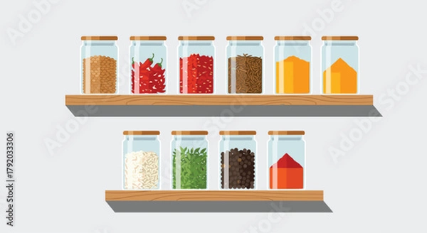 Fototapeta Colorful spice jars on wooden shelves create a culinary art vibe, perfect for a modern, organized kitchen or pantry design project