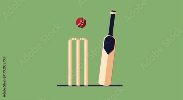 Fototapeta Dynamic cricket bat, stumps, and ball poised for action on a vibrant green field, perfect for sports promotions and exciting game visuals