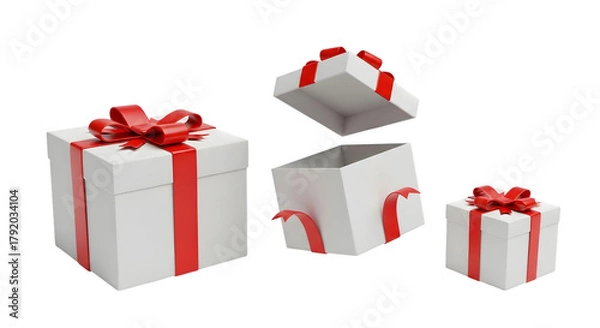 Obraz Three white gift boxes with red ribbon and bows