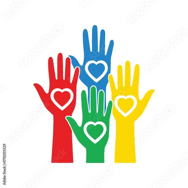 Fototapeta Diverse hands up raised with hearts symbolizing unity, support and community volunteering isolated on white background, Vector