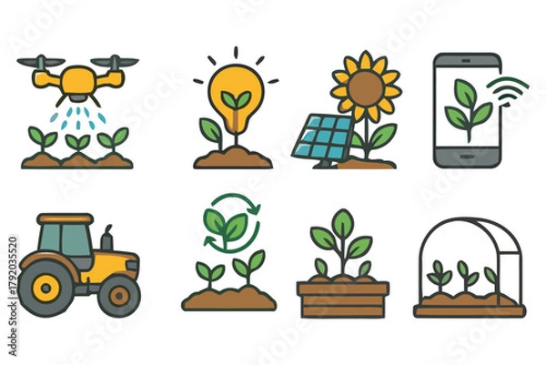 Fototapeta A collection of flat design icons representing modern agricultural technology, including drones, smart farming, solar energy, tractors, and greenhouses, illustrating innovation in crop cultivation