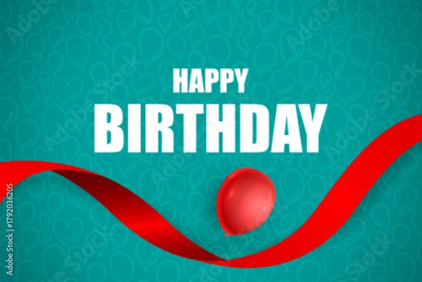 Obraz Happy Birthday Greeting Card with Red Ribbon and Balloon on Teal Background