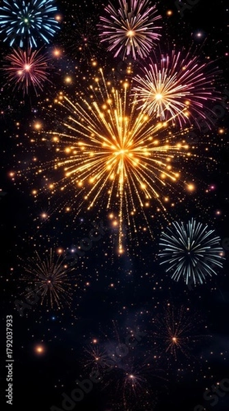 Obraz Colorful fireworks bursting in the night sky with bright golden sparks
