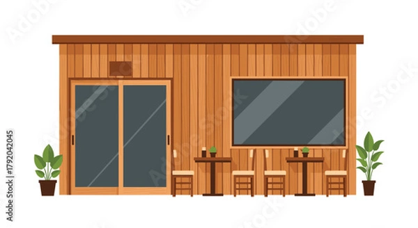 Fototapeta Inviting modern cafe storefront with outdoor seating and large windows creates a welcoming atmosphere for patrons