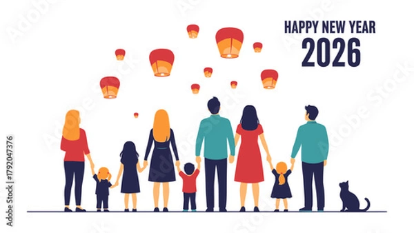 Obraz New Year Family Celebration: A united family gazes upward, witnessing the ascent of lantern, against a backdrop of a festive sky marking the arrival of the new year.