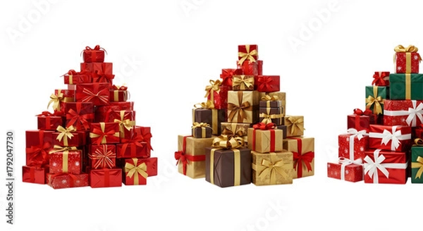 Obraz Three piles of stacked christmas gift boxes in red, gold, and green
