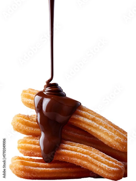 Fototapeta Traditional churros topped with dripping chocolate sauce isolated on transparent background, perfect for dessert designs.