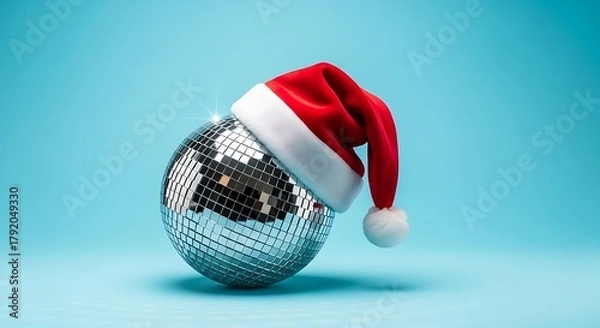 Fototapeta Shimmering disco ball wears a Santa hat against a cheerful light blue studio backdrop
