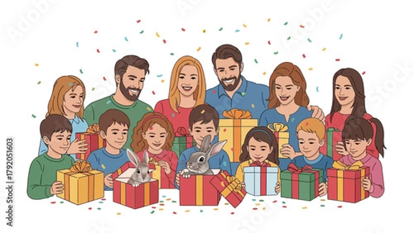 Obraz Family Celebration of Joyful Presents: A large family gathers, smiles radiating, as they open colorful gifts, creating an atmosphere of warmth and togetherness, filled with vibrant confetti.