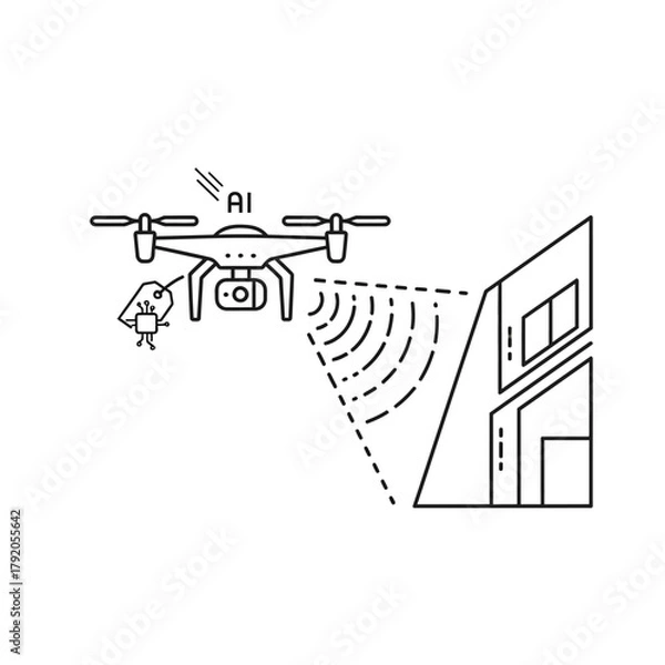 Obraz AI-powered quadcopter drone with a camera and payload scanning a building, a minimalist line art illustration.