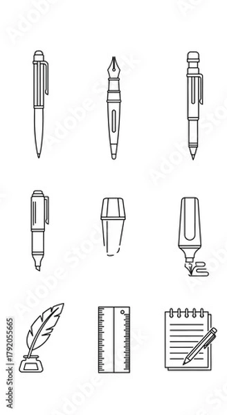 Fototapeta Minimalist line art icons of writing tools and stationery, featuring pens, markers, ruler, and notebook.
