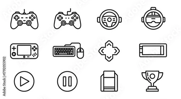 Obraz Gaming Icons Set - Controller, Steering Wheel, VR Headset, Keyboard, Trophy, Play Button, Pause Button.