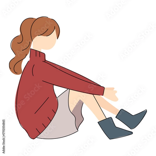 Fototapeta ゆるかわいい座っている私服女性のシルエット