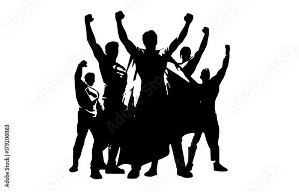 Fototapeta a silhouette of a group of men celebrating with their arms raised in triumpharm, black, cheer, dance, dancer, hand, individual, man, person, profile 