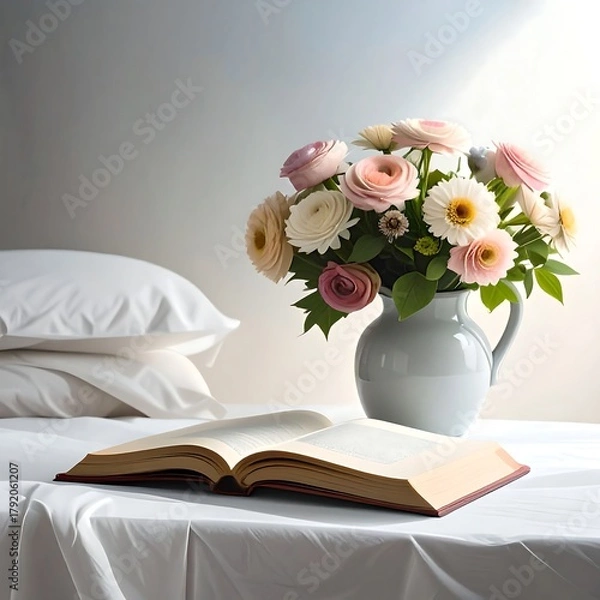 Fototapeta A serene scene features a bouquet of pastel flowers in a vase on a white-covered surface, next to an open book. Two white pillows lay nearby