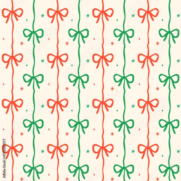 Obraz Retro Coquette Christmas Ribbon Bow Seamless Pattern Festive Green and Red Timeless Repeat Wallpaper Background Printable