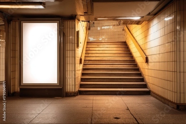 Fototapeta Empty subway passageway with stairs and blank ad