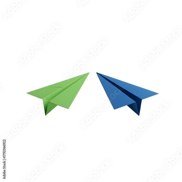 Fototapeta Two colorful paper airplanes blue and green flying together isolated on transparent background