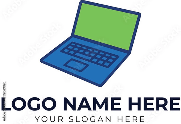 Obraz Laptop logo vector with green screen and blue body for tech branding, IT services, or digital business identity