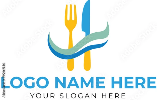 Obraz Fork and knife logo vector with wave element in modern style for restaurant, catering, or culinary brand identity